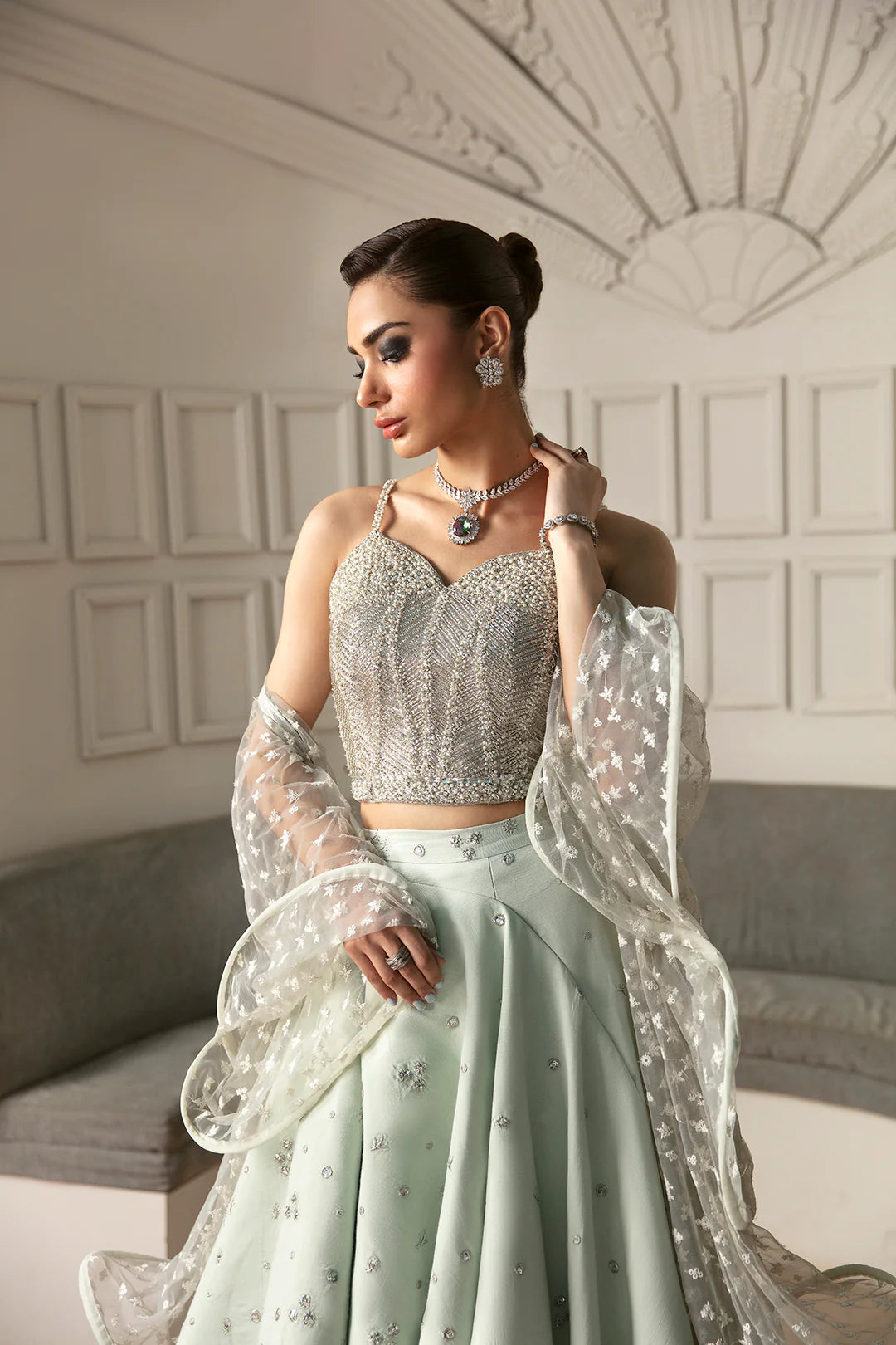 Meeka | Mint Green Embellished Lehenga Choli