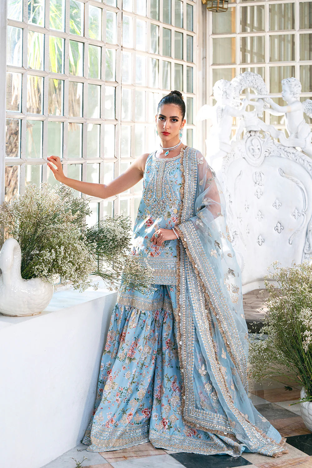 Saira Rizwan | Ice Blue Silk Embellished Gharara