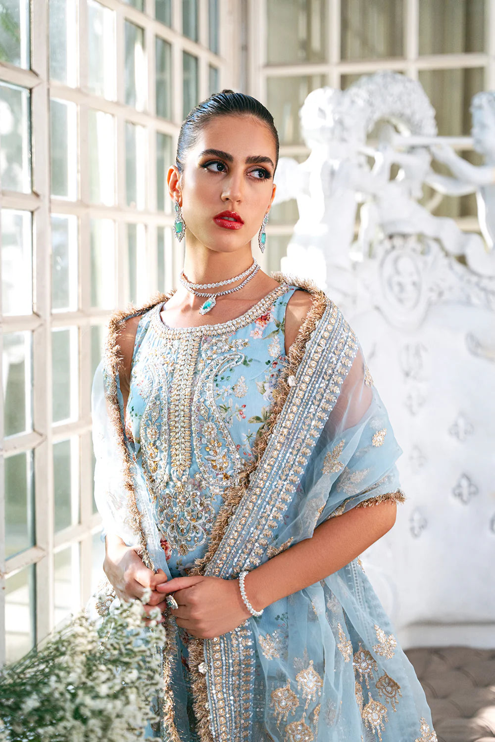 Saira Rizwan | Ice Blue Silk Embellished Gharara