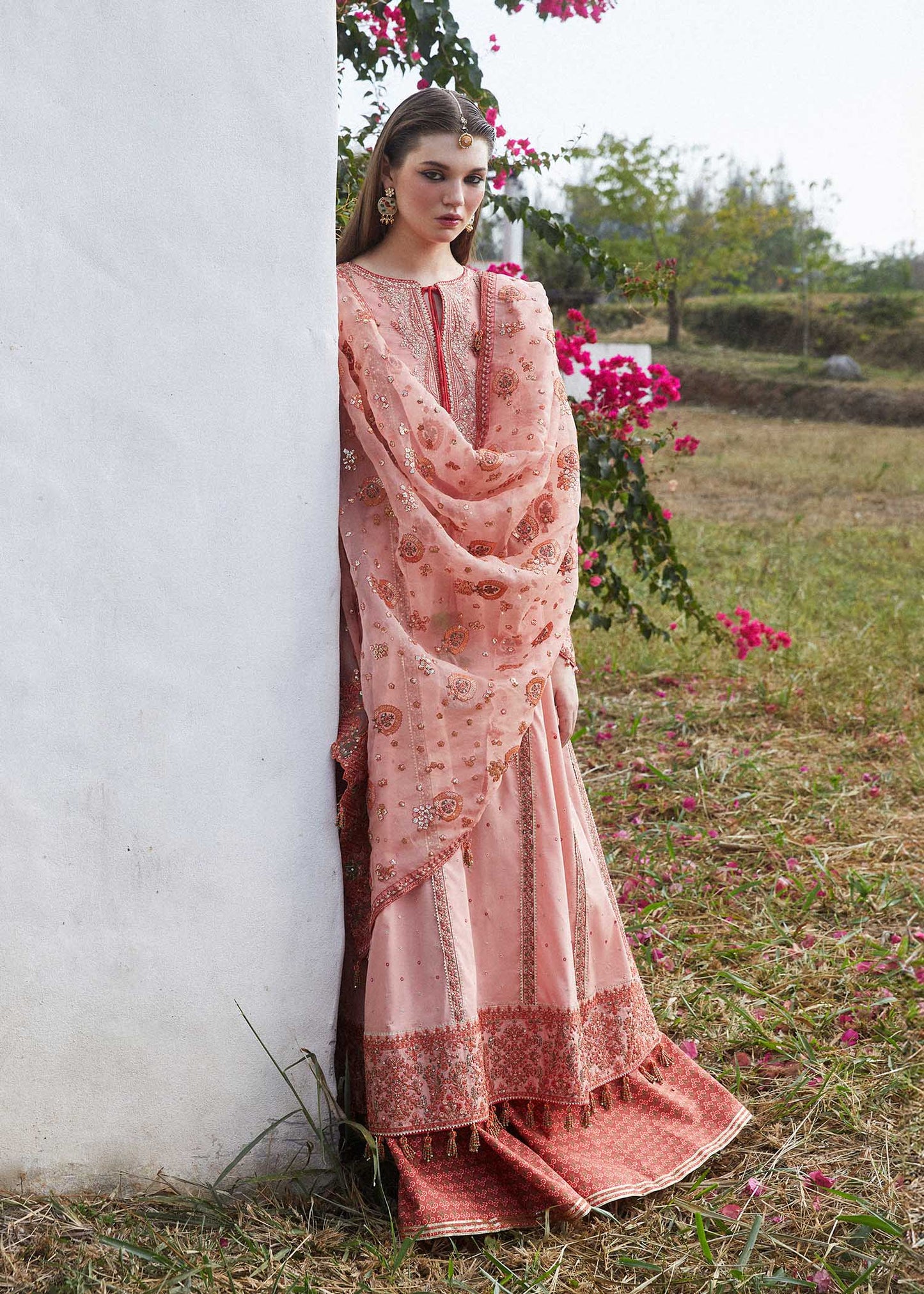 Hussain Rehar | Peach Embroidered Lawn Sharara