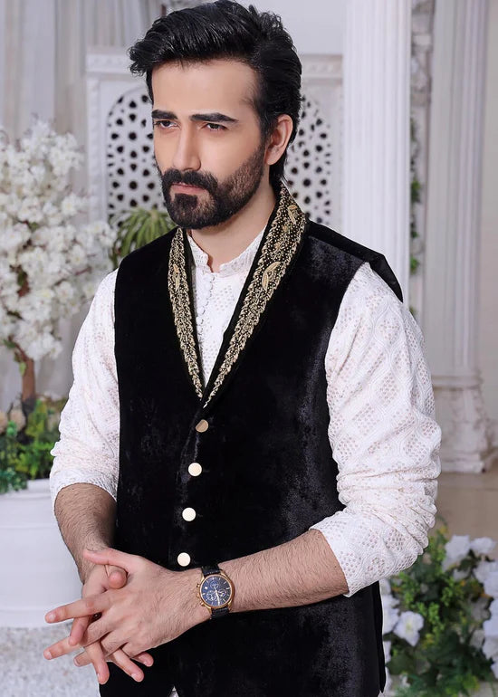 Noir Velvet Hand Embroidered Waistcoat