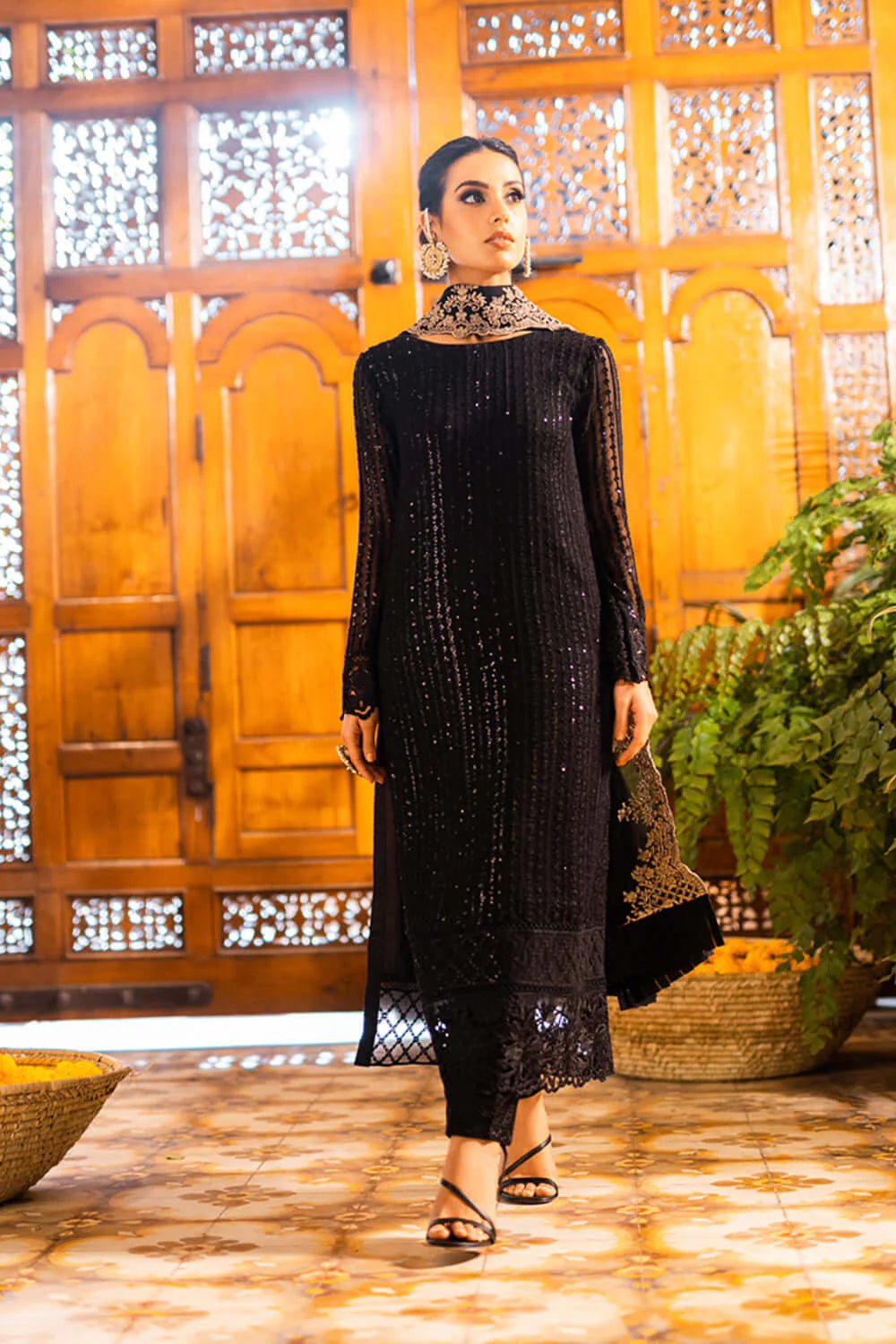 Onyx | Black Sequins Embroidered Chiffon Suit