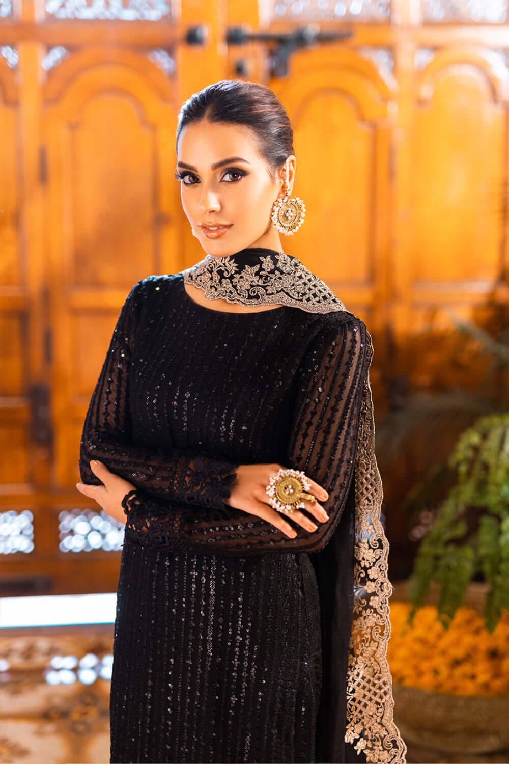 Onyx | Black Sequins Embroidered Chiffon Suit