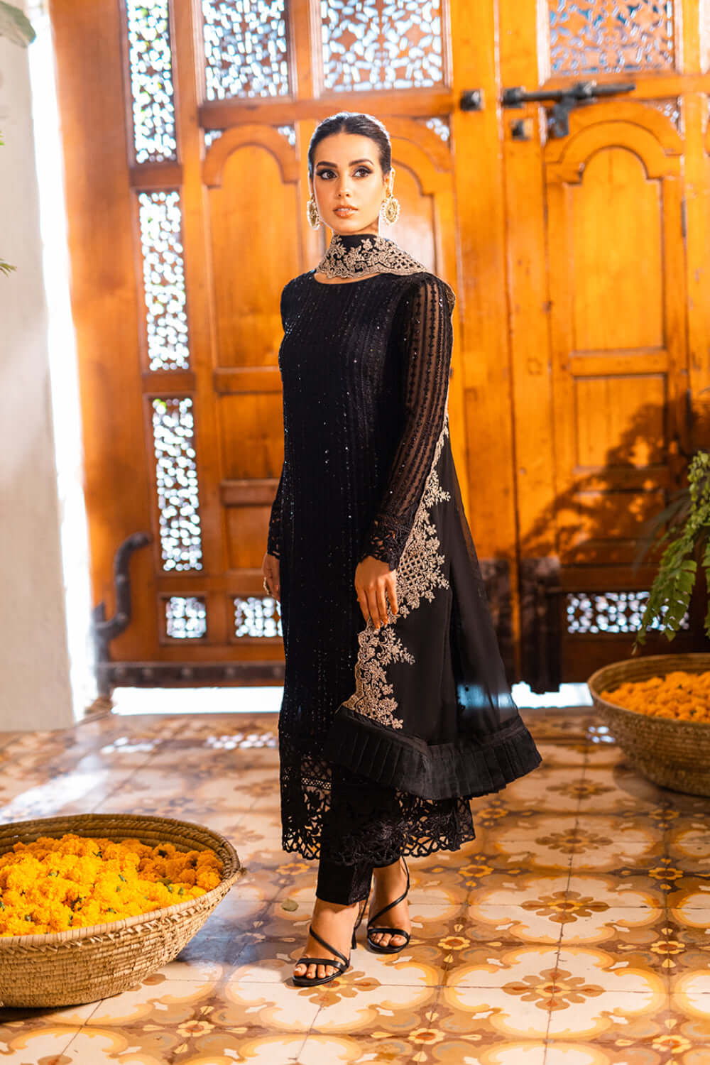 Onyx | Black Sequins Embroidered Chiffon Suit