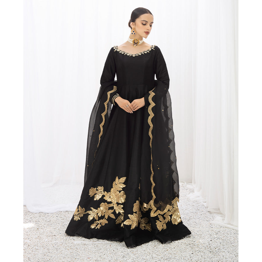 PARIZA | Black Embellished Silk Kalidar Pishwas