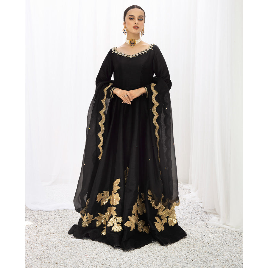 PARIZA | Black Embellished Silk Kalidar Pishwas