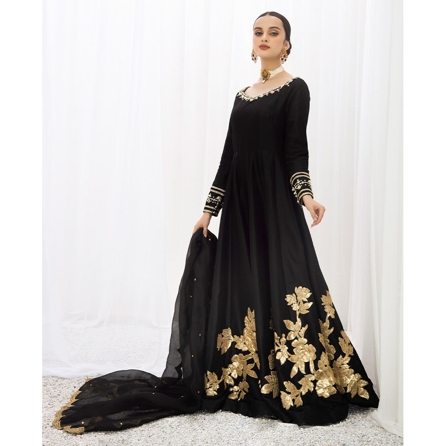 PARIZA | Black Embellished Silk Kalidar Pishwas