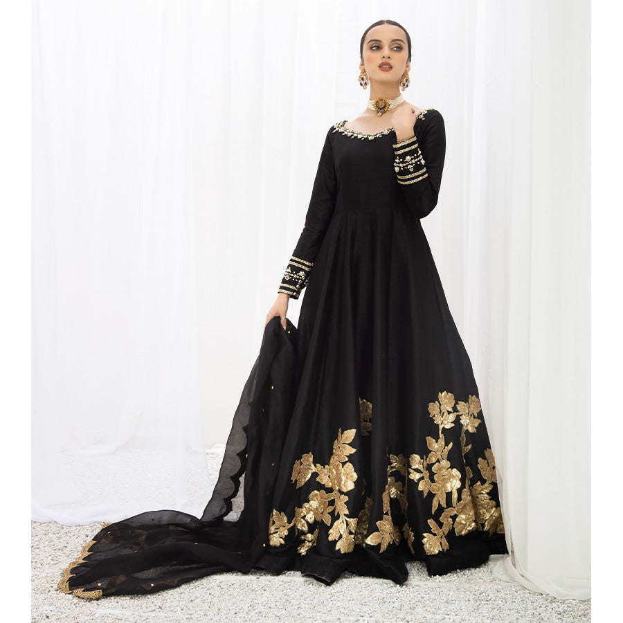 PARIZA | Black Embellished Silk Kalidar Pishwas