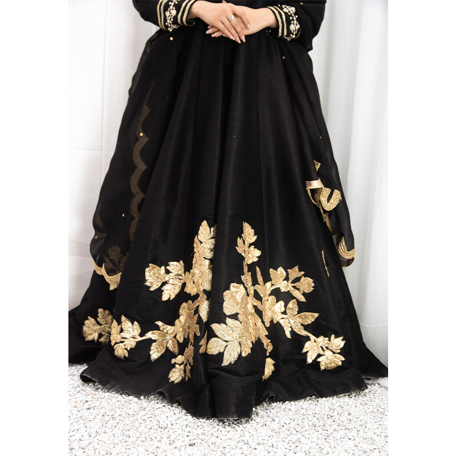 PARIZA | Black Embellished Silk Kalidar Pishwas