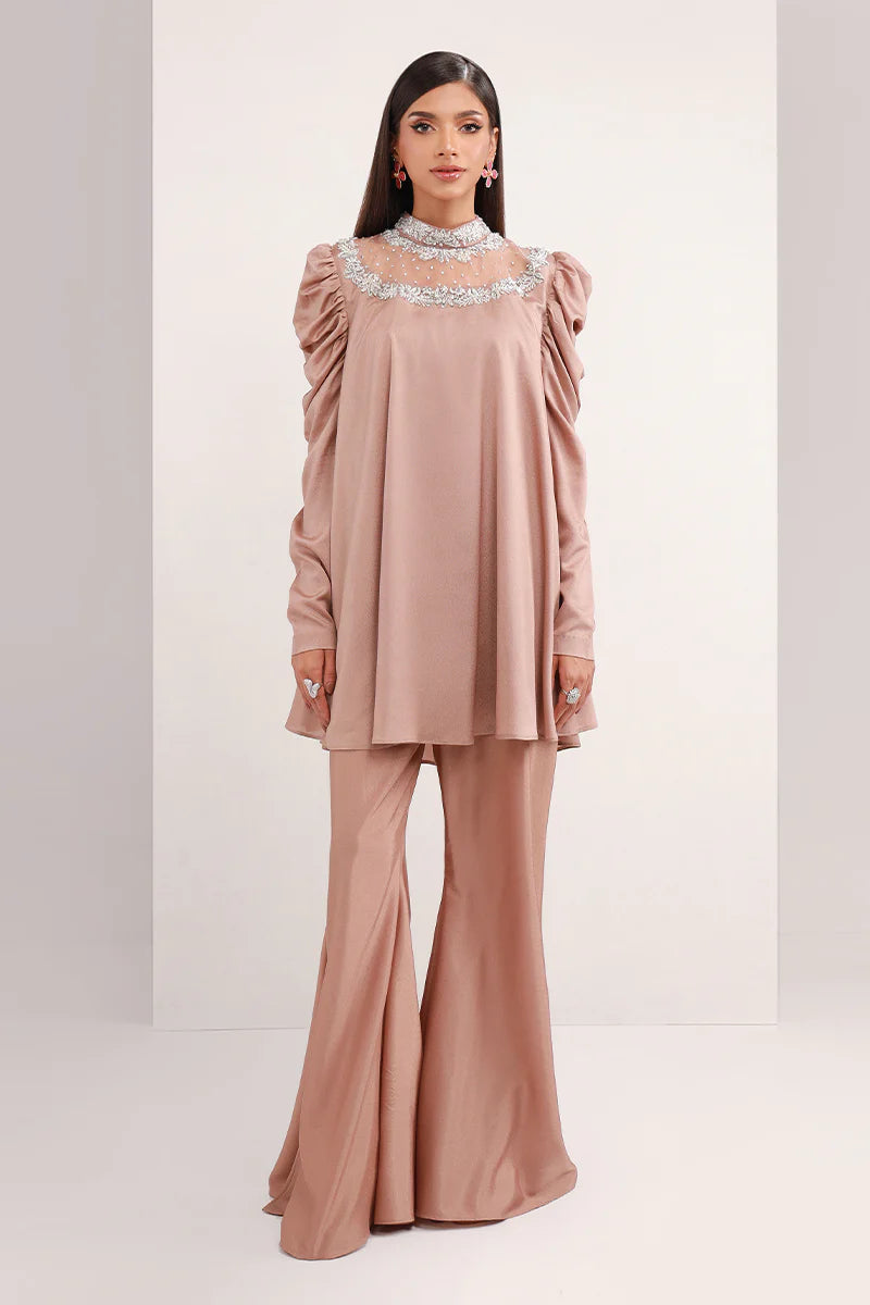 Pastel Brown | Chiffon Peplum Embellished Co Ord Set