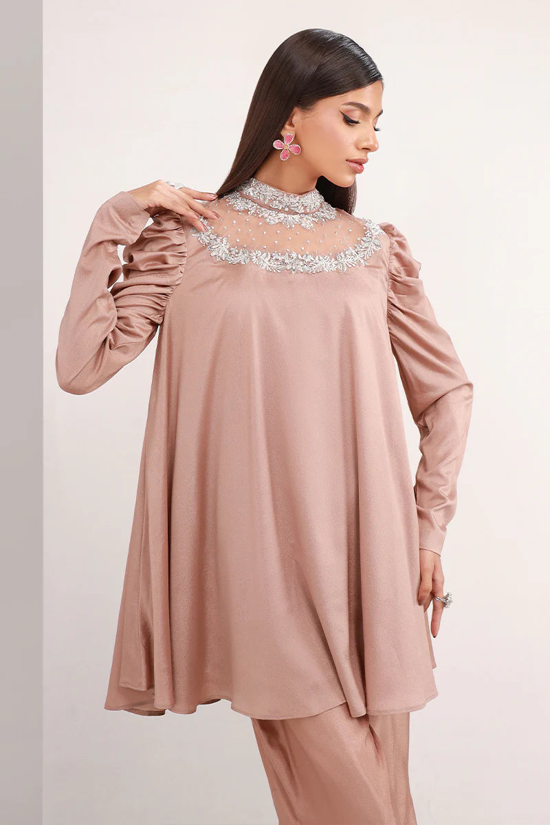 Pastel Brown | Chiffon Peplum Embellished Co Ord Set