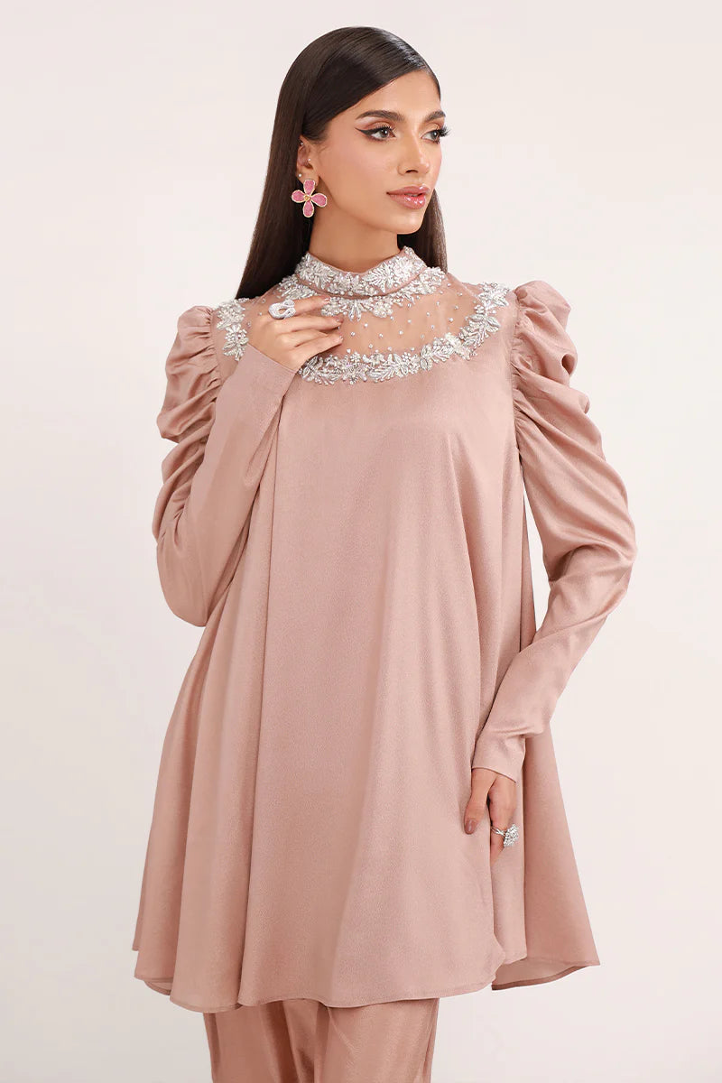 Pastel Brown | Chiffon Peplum Embellished Co Ord Set