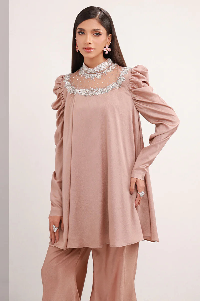 Pastel Brown | Chiffon Peplum Embellished Co Ord Set