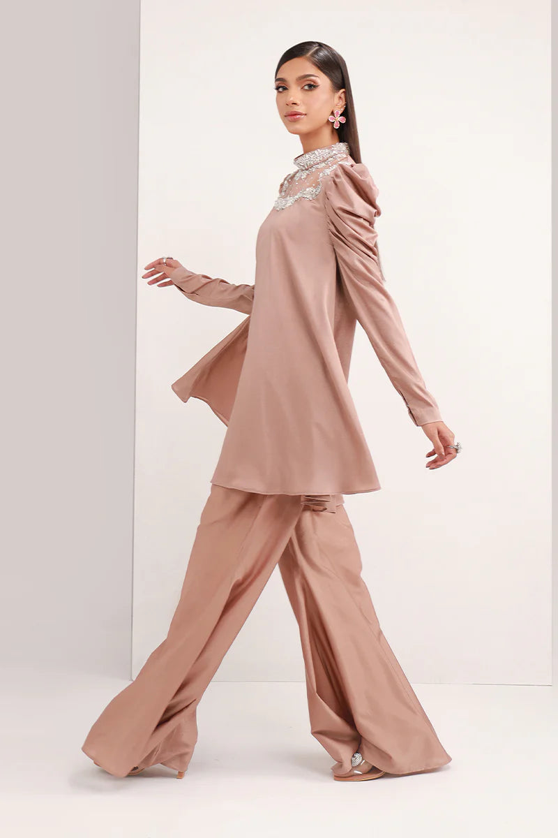 Pastel Brown | Chiffon Peplum Embellished Co Ord Set