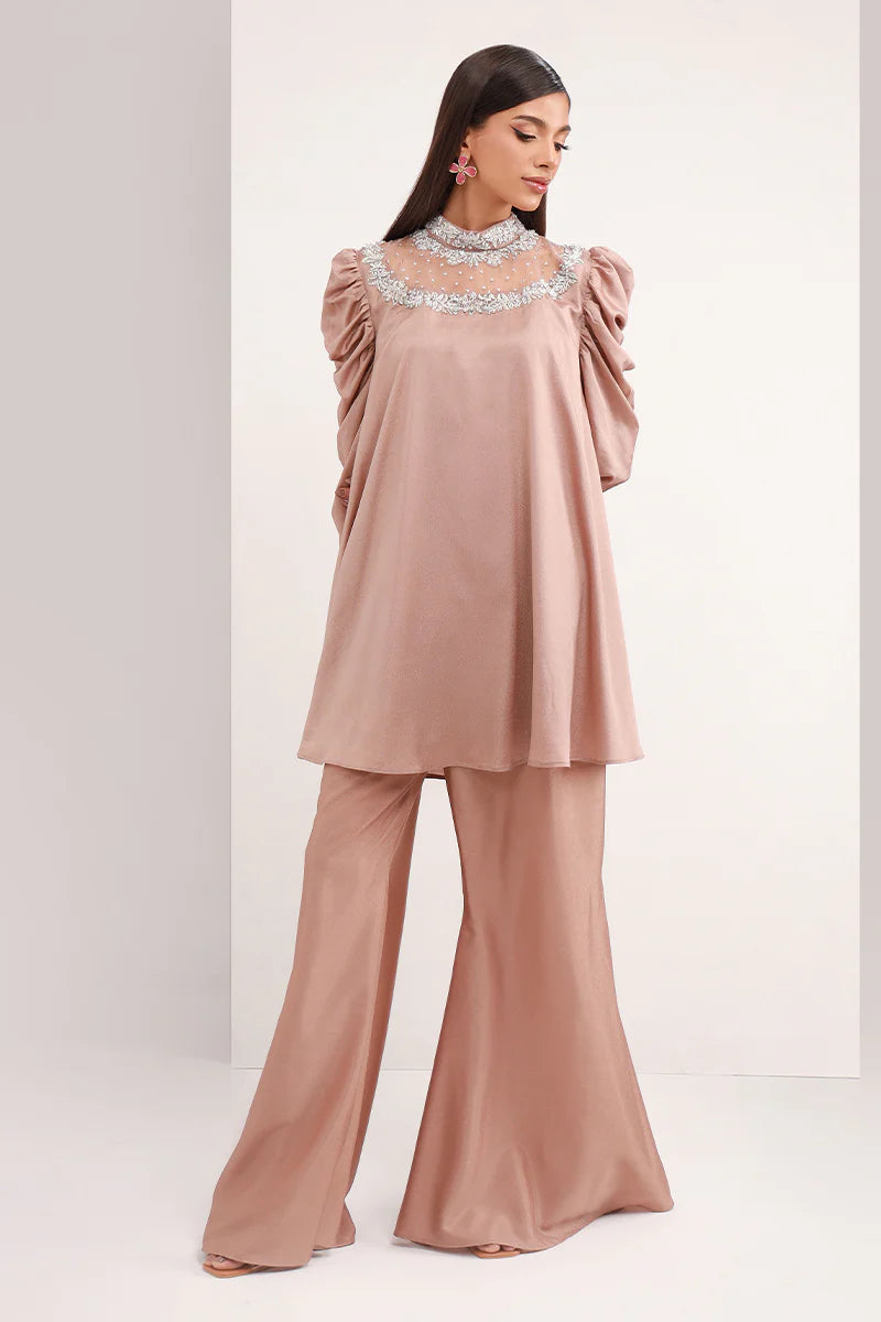 Pastel Brown | Chiffon Peplum Embellished Co Ord Set