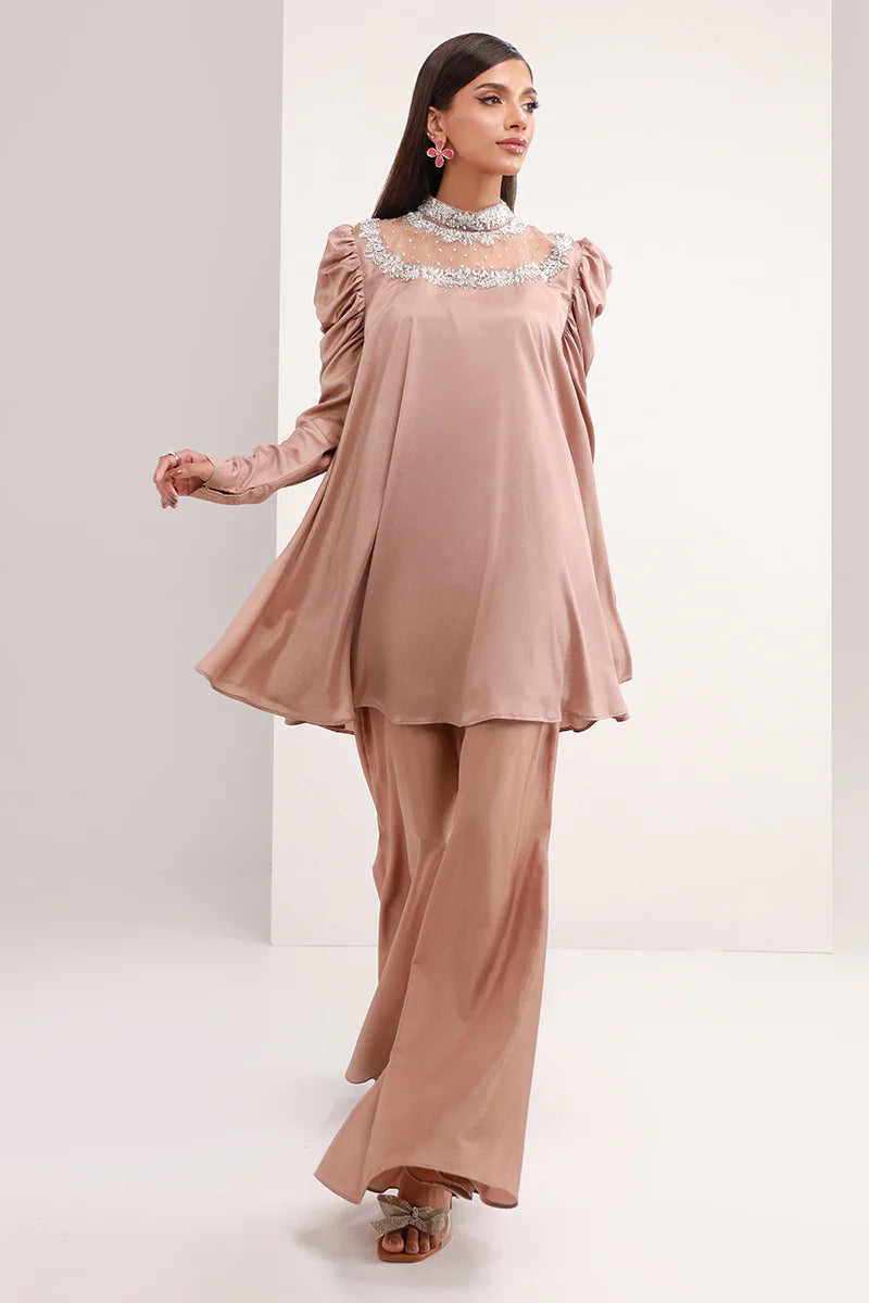 Pastel Brown | Chiffon Peplum Embellished Co Ord Set