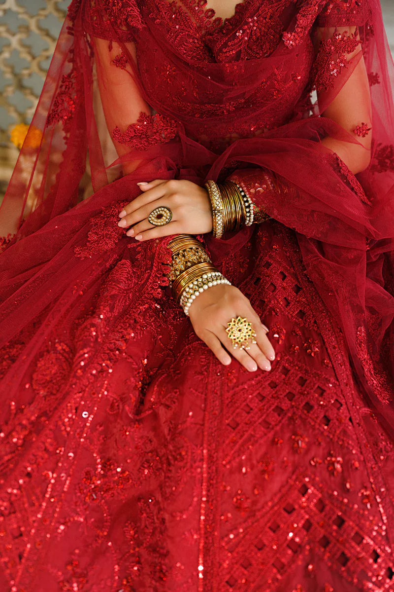 Qalamkar | Red Raw Silk Hand Embroidered Lehenga