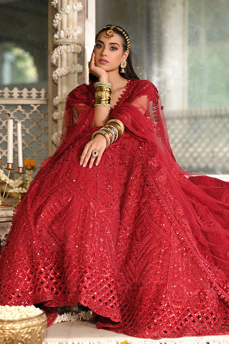 Qalamkar | Red Raw Silk Hand Embroidered Lehenga