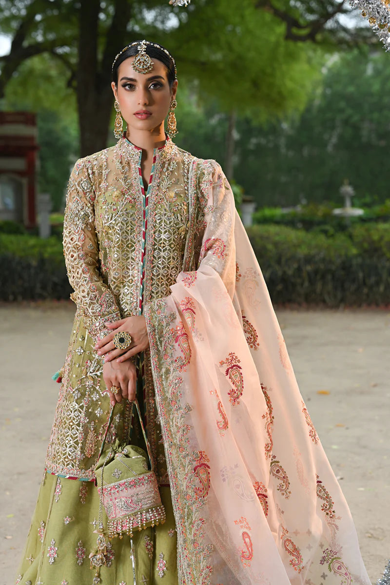 Qalamkar | Pistachio Green Net Embroidered Sharara