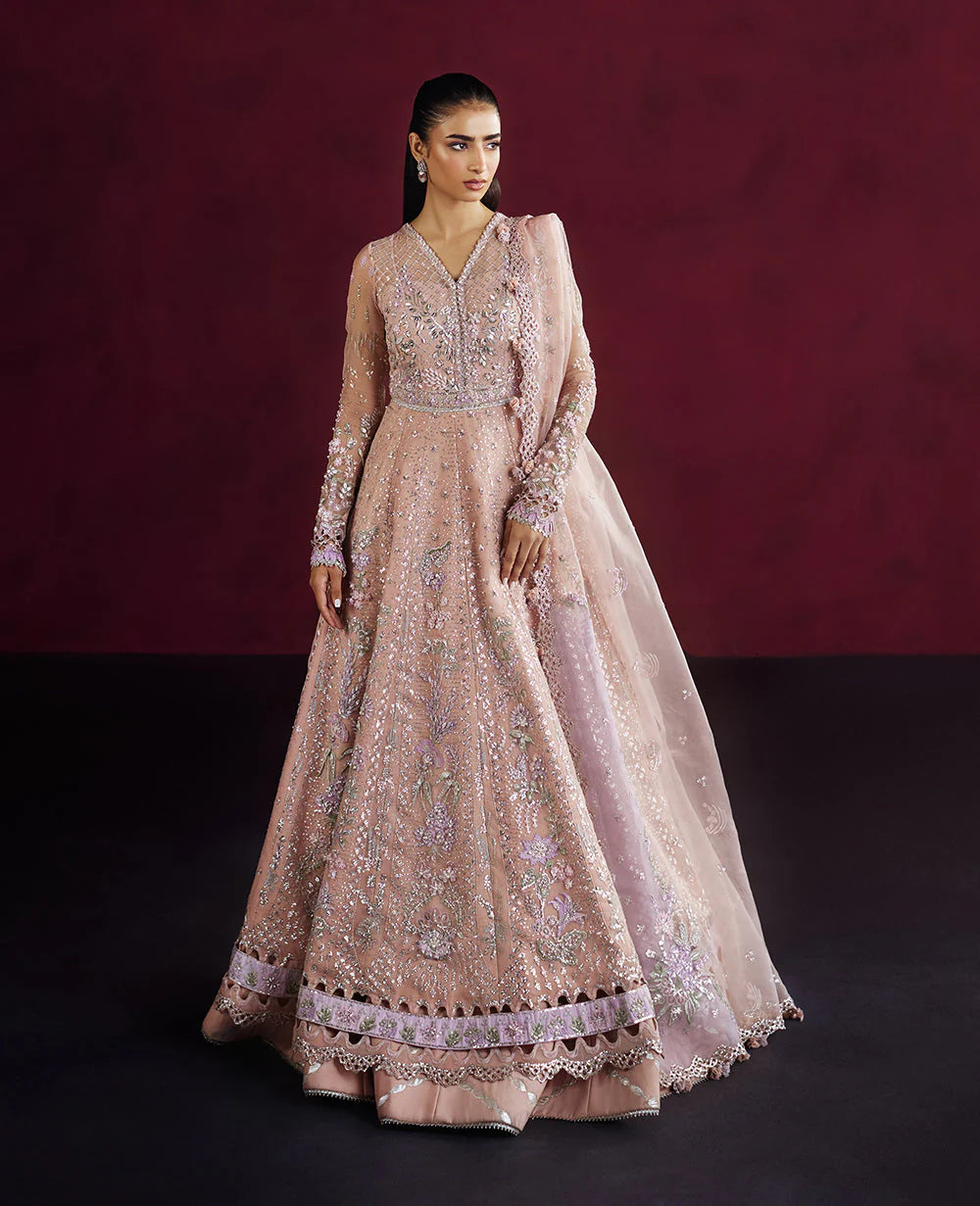 Osra | Blush Pink Organza Hand Embellished Lehenga