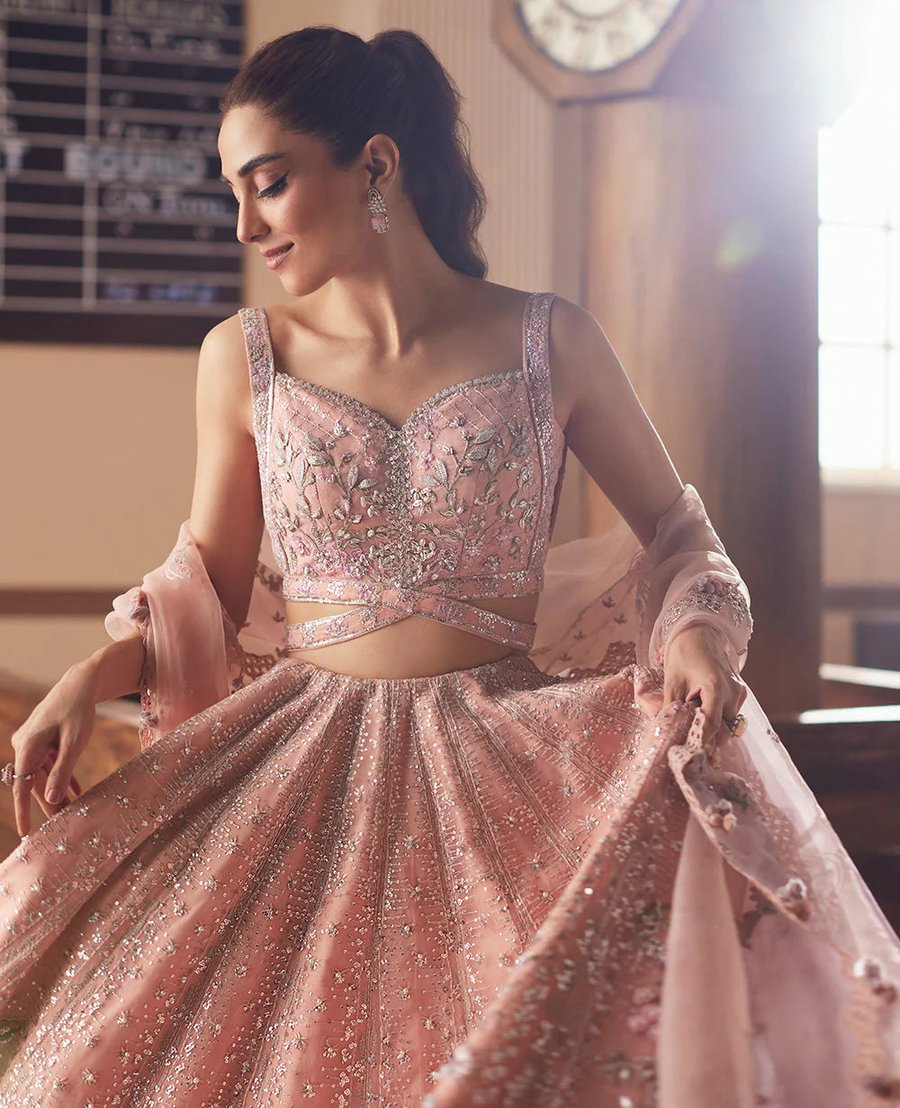 Osra | Blush Pink Organza Hand Embellished Lehenga