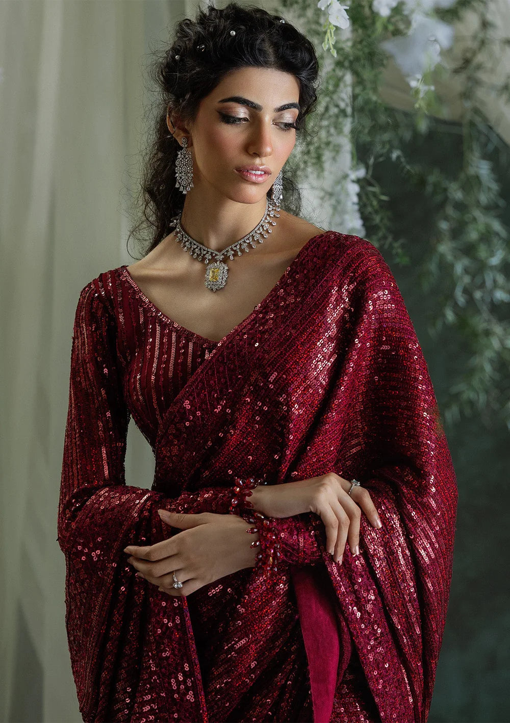 Naveen | Maroon Embroidered Chiffon Saree