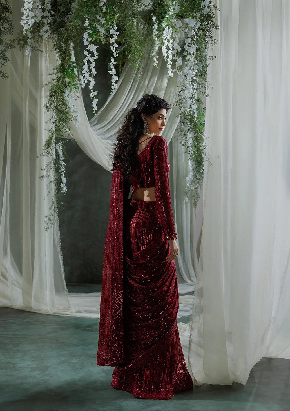 Naveen | Maroon Embroidered Chiffon Saree