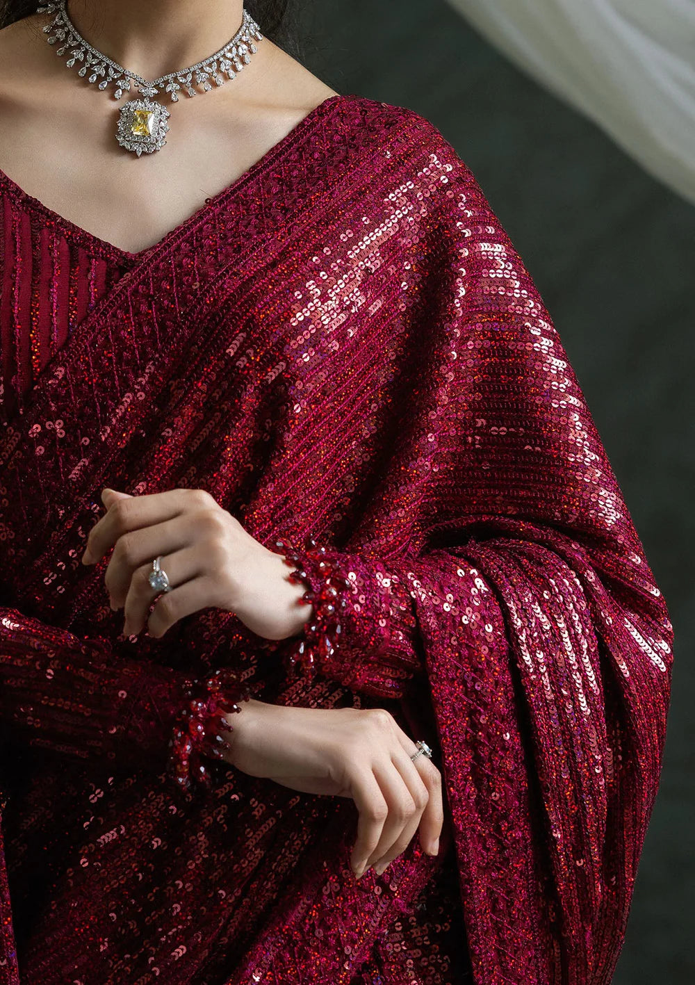 Naveen | Maroon Embroidered Chiffon Saree