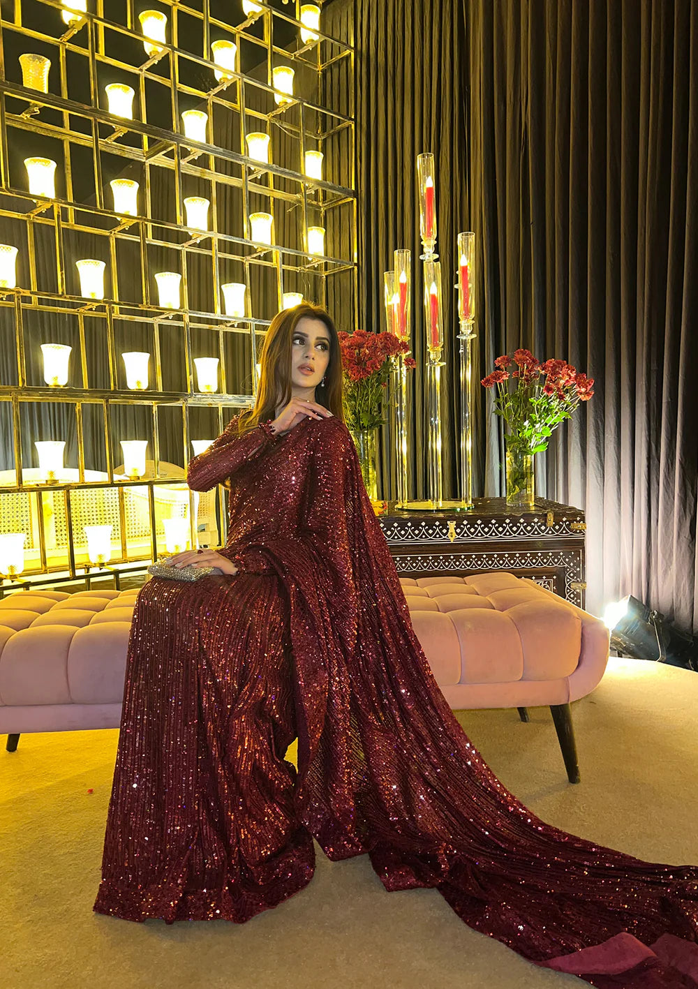 Naveen | Maroon Embroidered Chiffon Saree