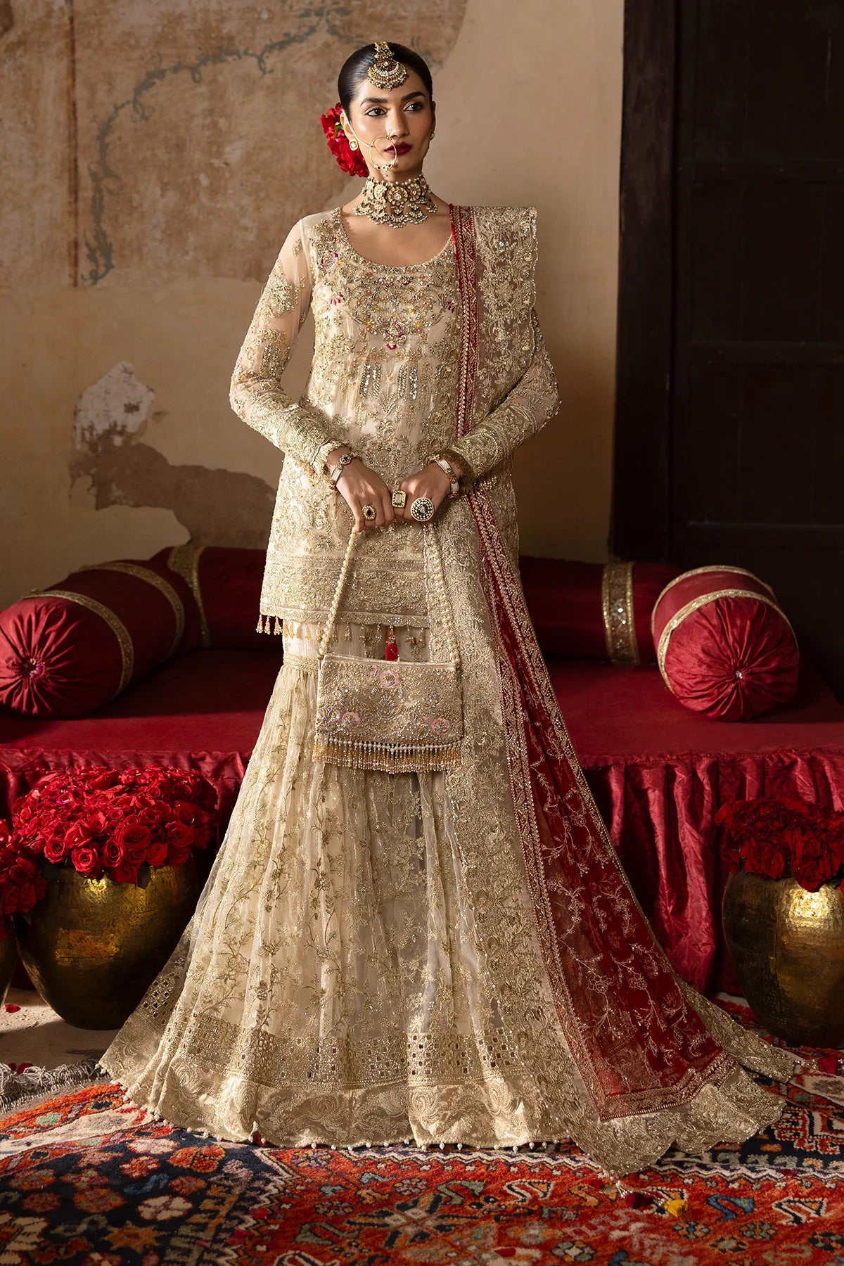 Pemaan | Beige Embroidered Hand Embellished Net Gharara