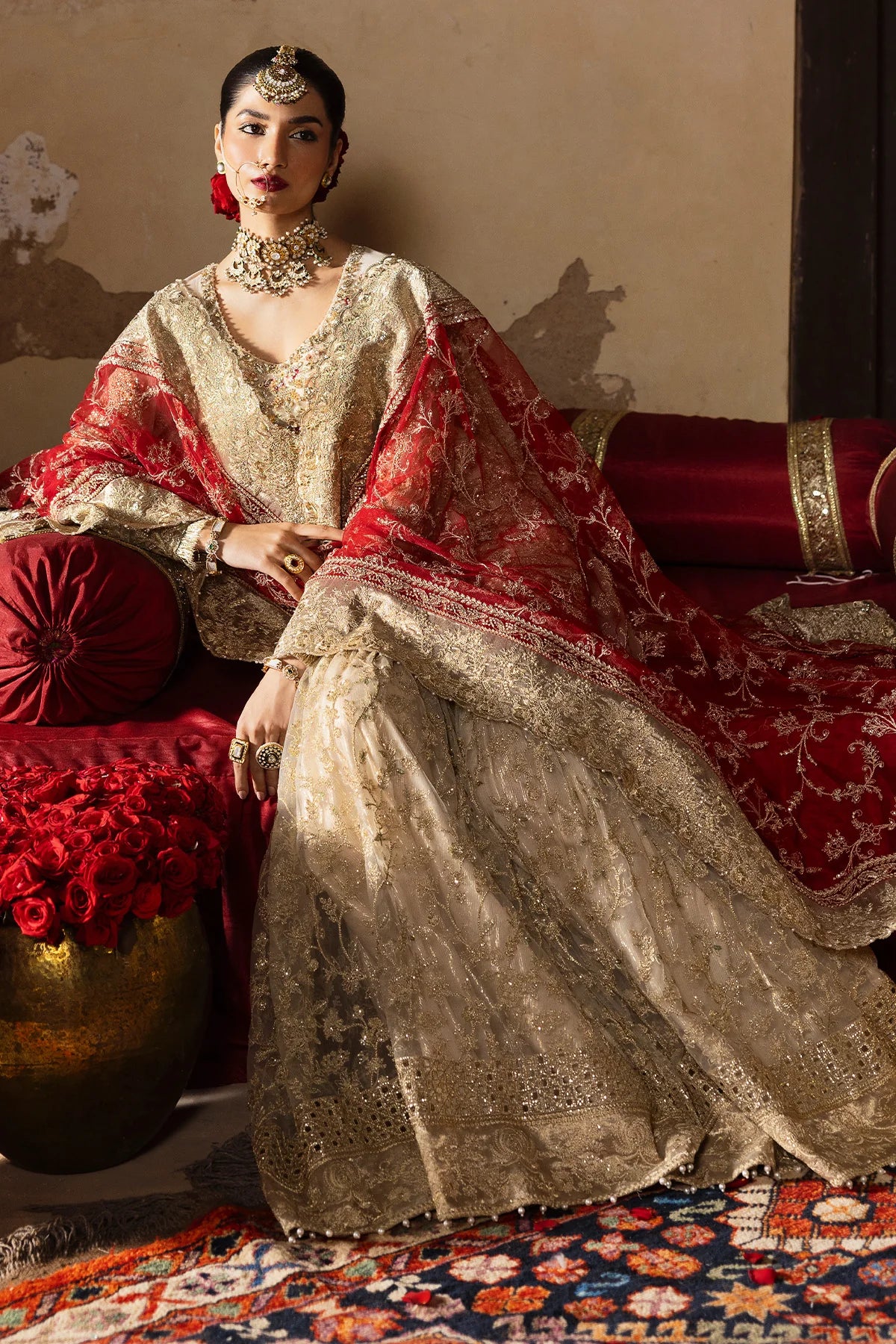 Pemaan | Beige Embroidered Hand Embellished Net Gharara