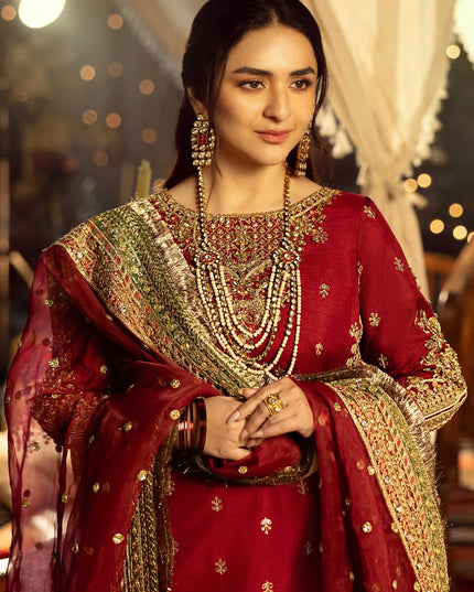 Maria B | Maroon Raw Silk Embroidered Gharara