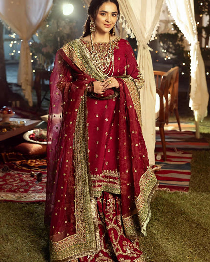 Maria B | Maroon Raw Silk Embroidered Gharara
