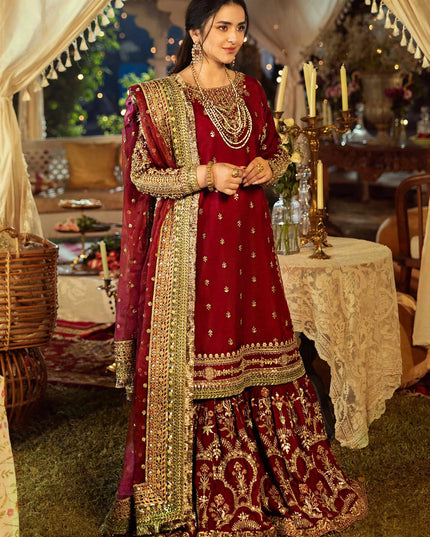 Maria B | Maroon Raw Silk Embroidered Gharara