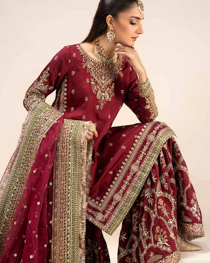 Maria B | Maroon Raw Silk Embroidered Gharara