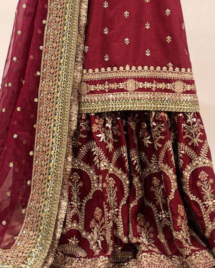 Maria B | Maroon Raw Silk Embroidered Gharara