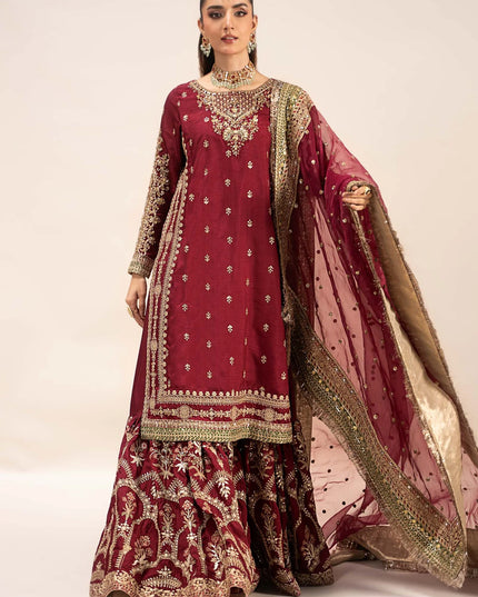 Maria B | Maroon Raw Silk Embroidered Gharara