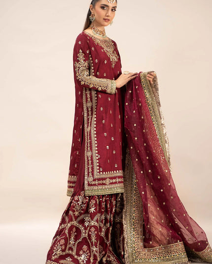 Maria B | Maroon Raw Silk Embroidered Gharara