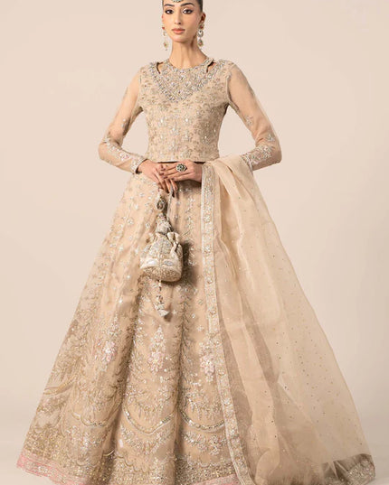 Maria B | Beige Organza Hand Embellished Lehenga