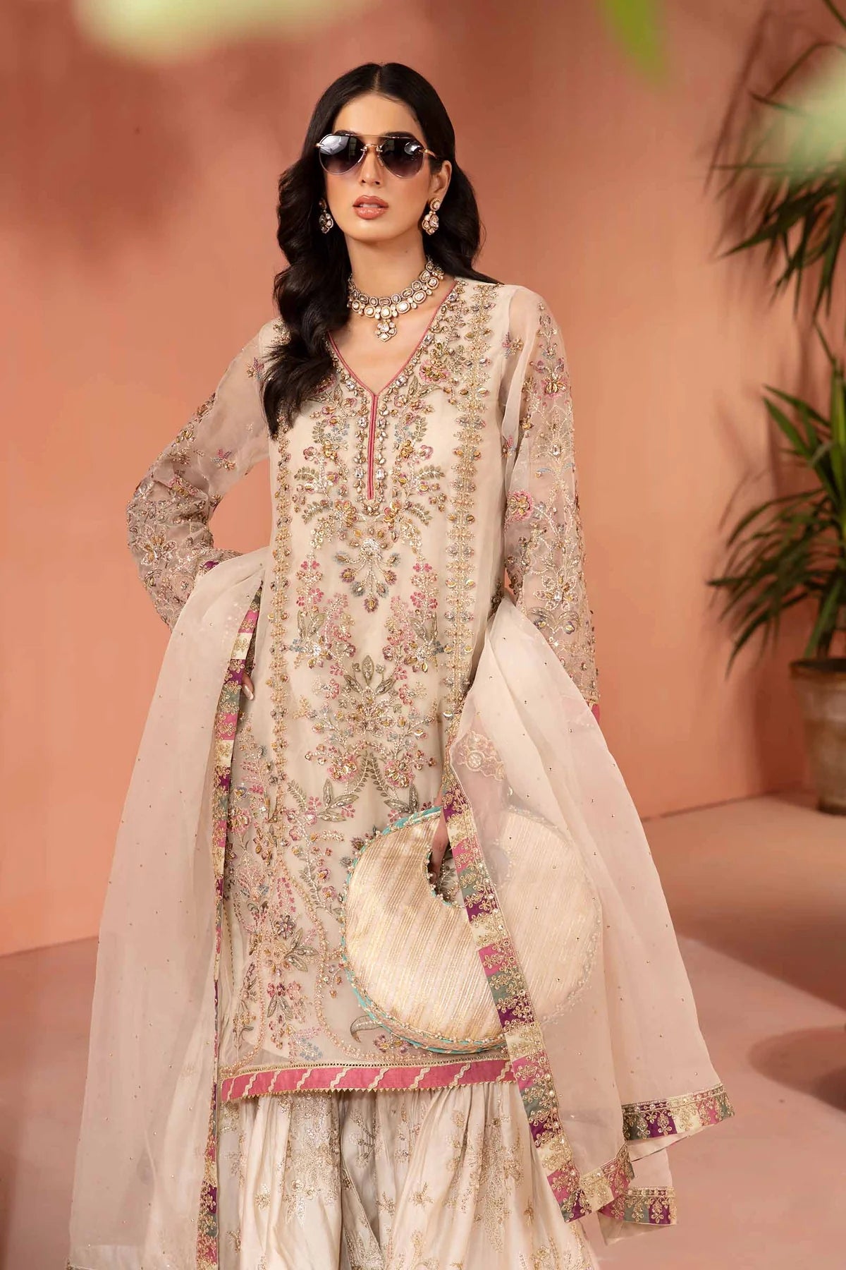 Maria B | Off White Organza Embroidered Gharara