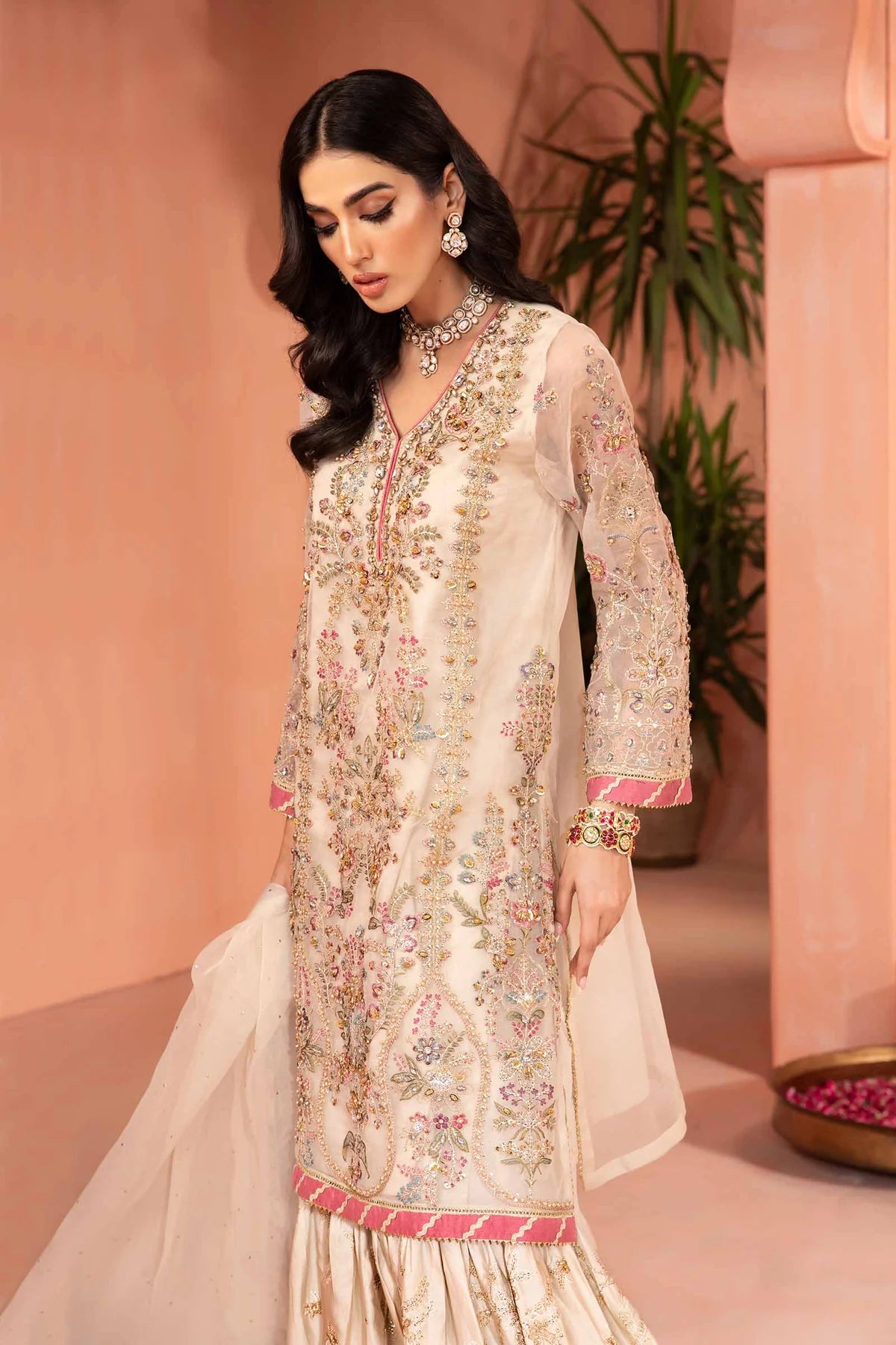 Maria B | Off White Organza Embroidered Gharara