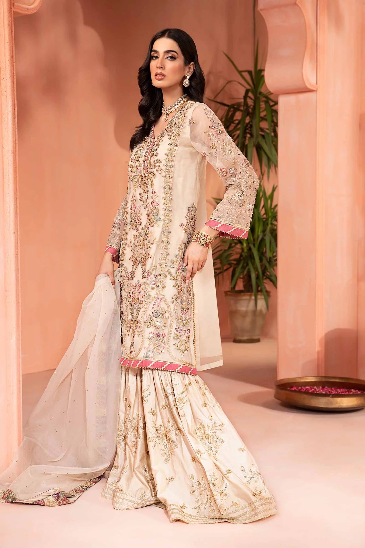 Maria B | Off White Organza Embroidered Gharara