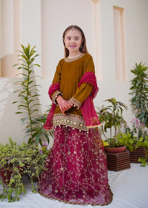 Shanzey | Girls Olive Embroidered Lehenga