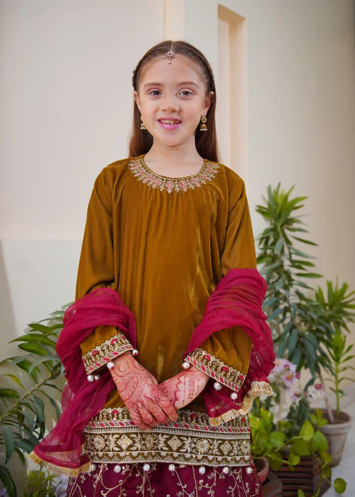 Shanzey | Girls Olive Embroidered Lehenga