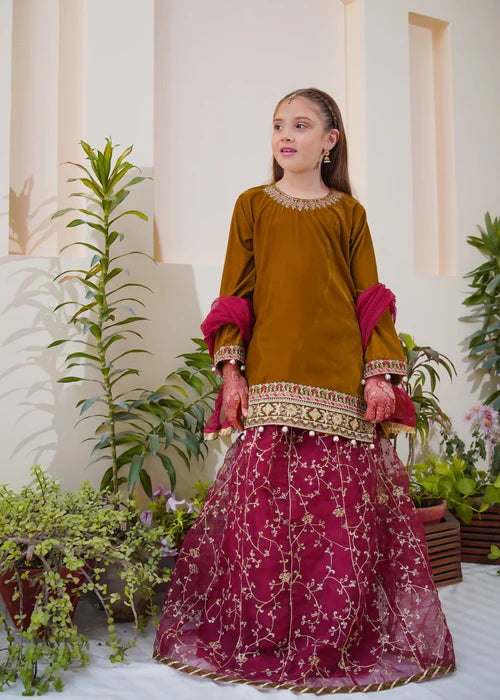 Shanzey | Girls Olive Embroidered Lehenga