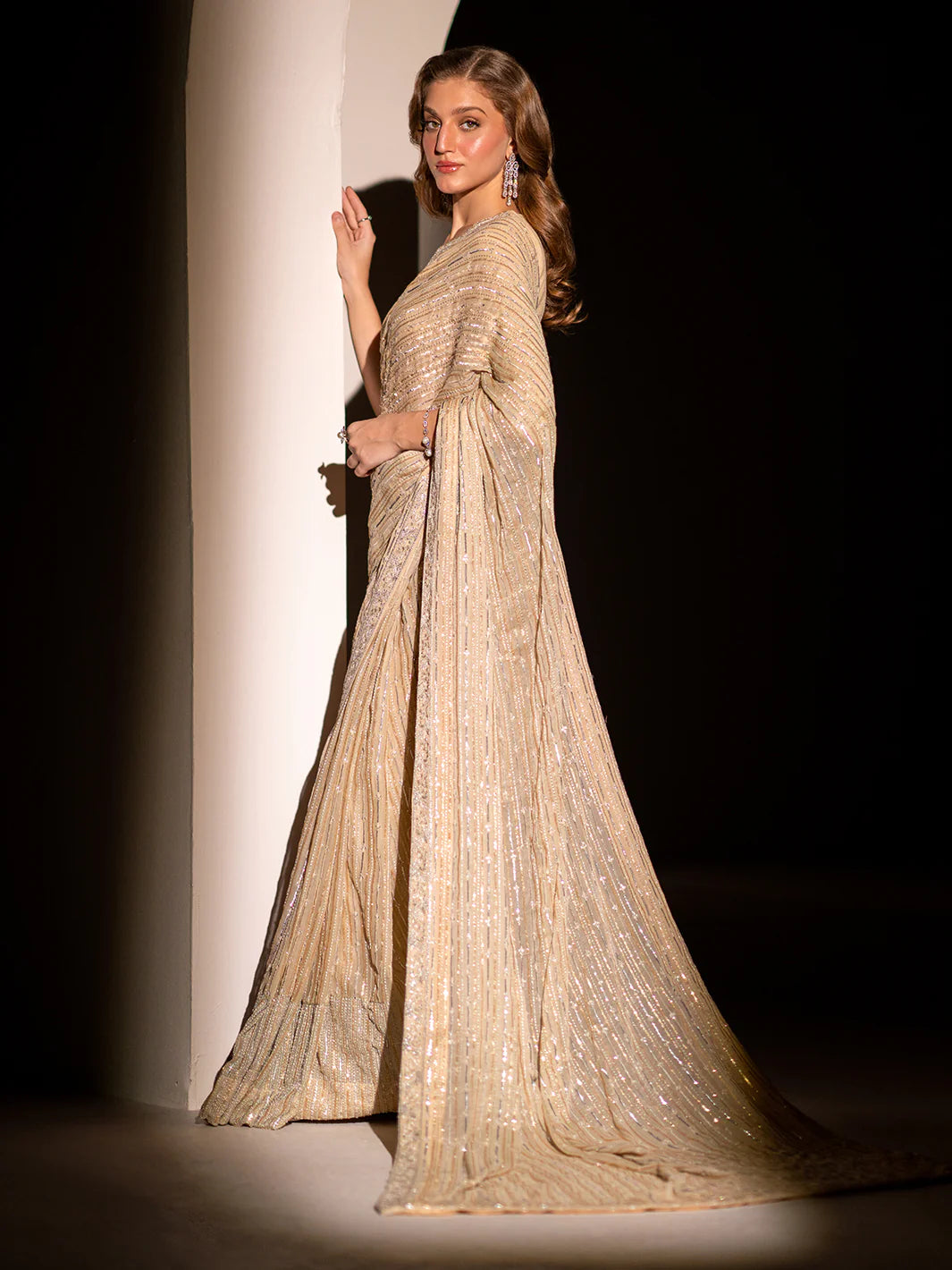 Luna | Beige Embroidered Embellished Chiffon Saree