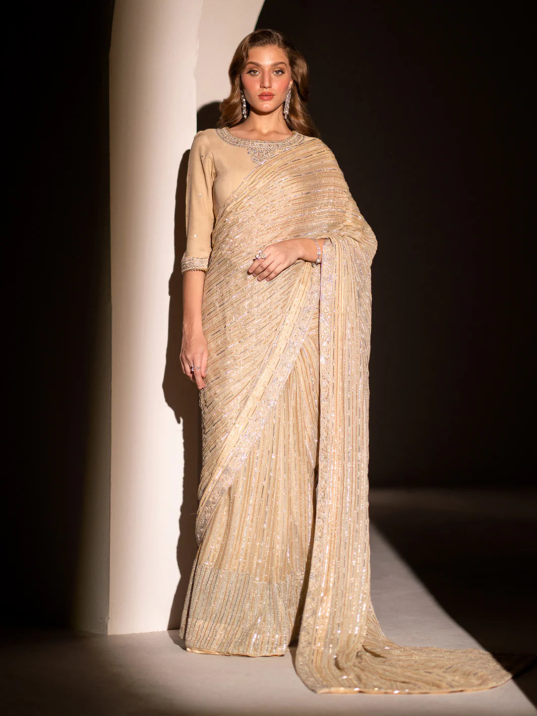 Luna | Beige Embroidered Embellished Chiffon Saree