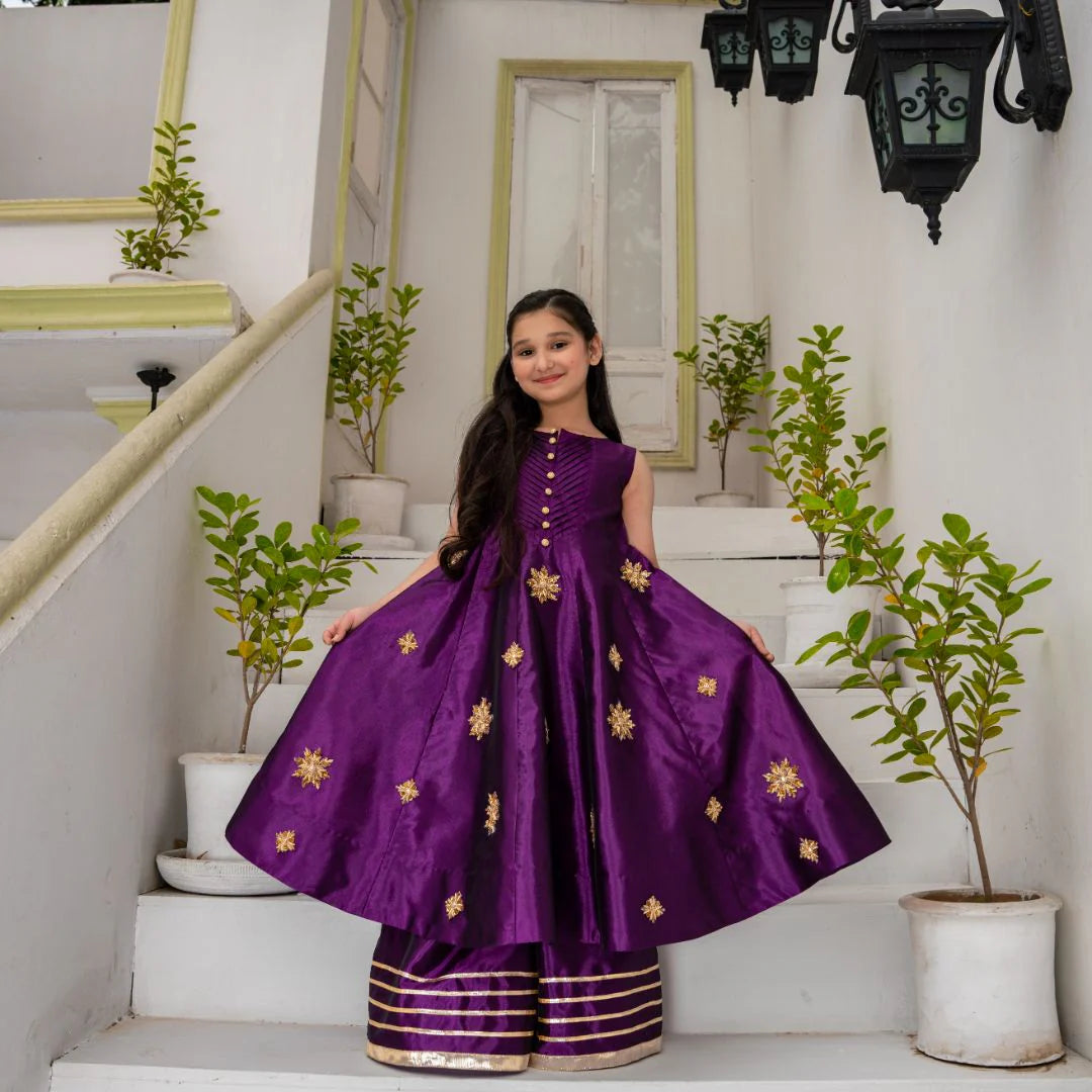 Samsar | Girls Purple Raw Silk Kalidar Frock