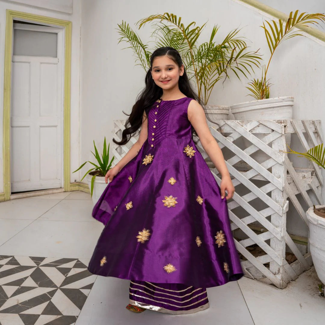Samsar | Girls Purple Raw Silk Kalidar Frock