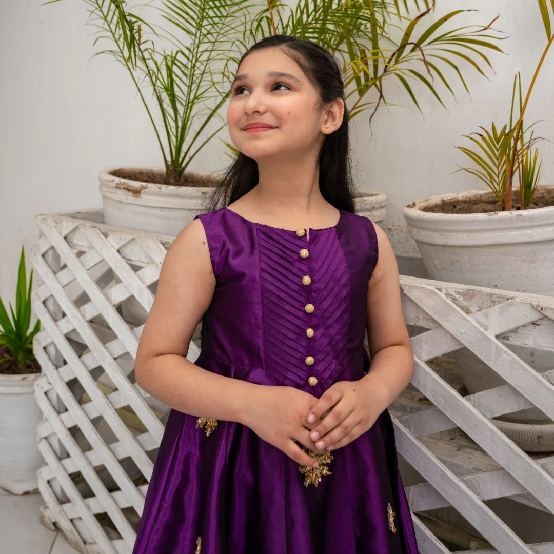 Samsar | Girls Purple Raw Silk Kalidar Frock